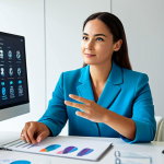 A focused professional individual, fully clothed in a modest business casual outfit, sitting calmly at a clean, modern desk in a brightly lit, contemporary home office. The individual is interacting with a holographic interface displaying secure data streams and digital lock icons, symbolizing proactive privacy management. The scene evokes a strong sense of peace and control over one's digital footprint. The background is slightly blurred to emphasize the subject. Perfect anatomy, correct proportions, natural pose, well-formed hands, proper finger count, natural body proportions, safe for work, appropriate content, fully clothed, family-friendly, high-quality professional photography, studio lighting.