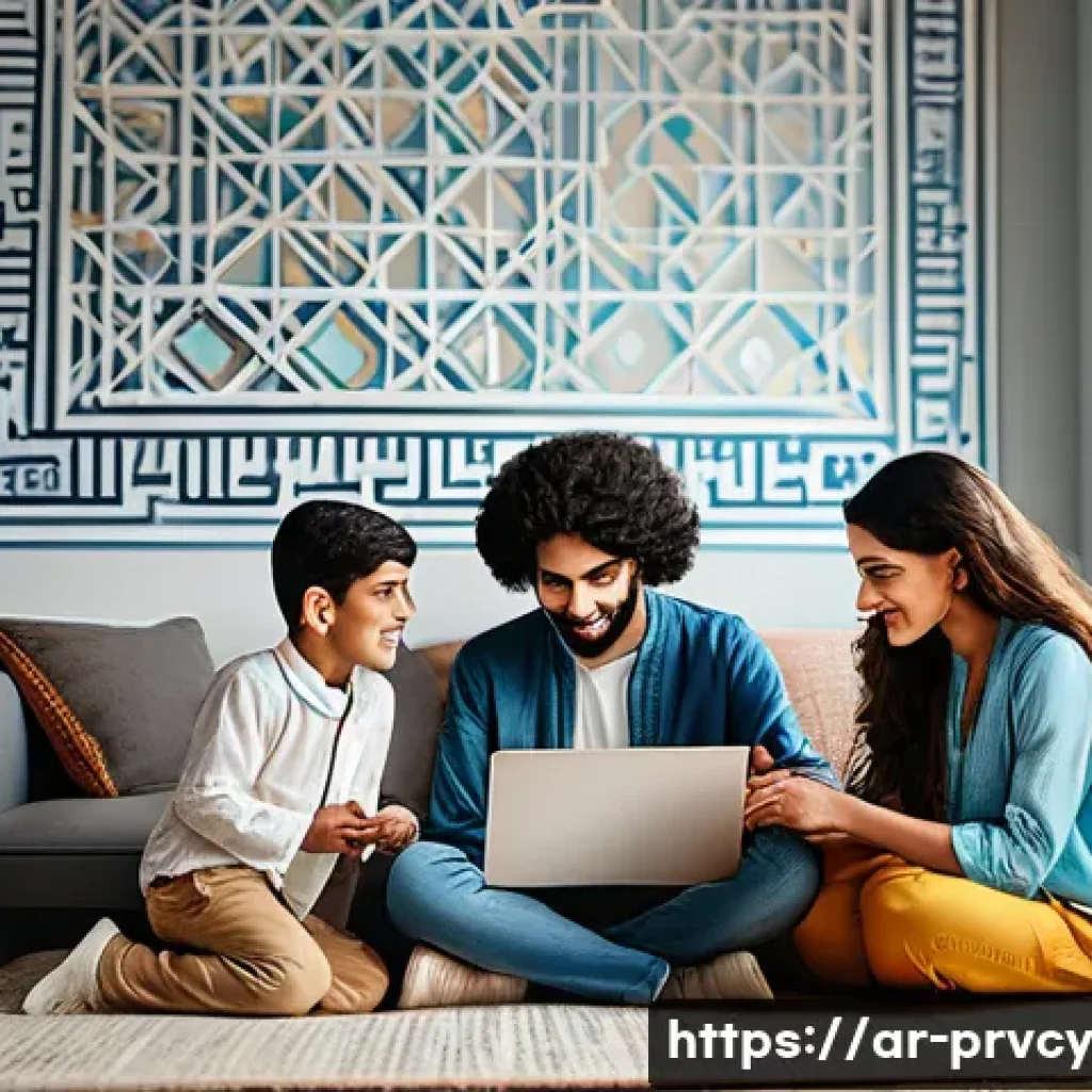 사이버 범죄와의 전쟁을 위한 예방법 - A modern Middle Eastern family gathered around a laptop at home, attentively discussing cybersecurit...