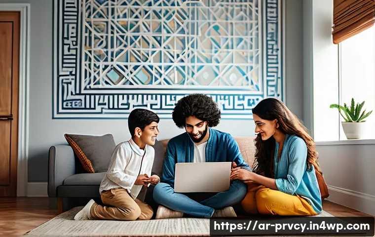 사이버 범죄와의 전쟁을 위한 예방법 - A modern Middle Eastern family gathered around a laptop at home, attentively discussing cybersecurit...
