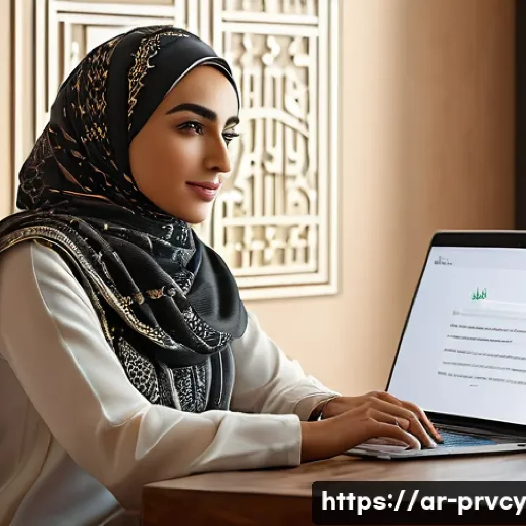 개인 정보 보호를 위한 안전한 이메일 사용법 - A modern Middle Eastern woman sitting at a sleek desk in a stylish home office, focused on her lapto...