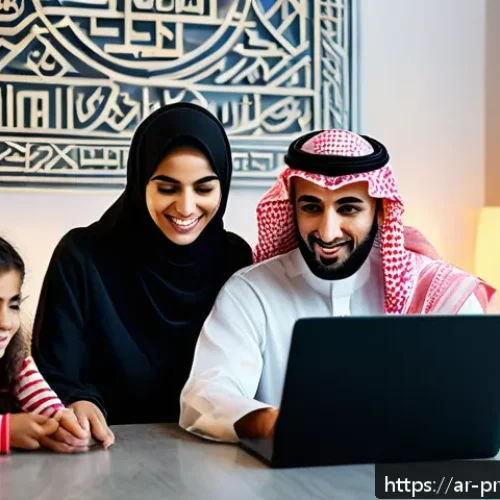 Home 33 디지털 프라이버시 보호를 위한 연구 동향 - A modern Arab family gathered around a laptop at home, engaged in a digital awareness workshop. The ...