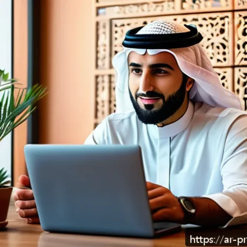 Home 32 소셜 미디어에서 개인정보 보호하기 - A modern Arabic man in his 30s sitting at a sleek desk in a warmly lit home office, focused on his l...