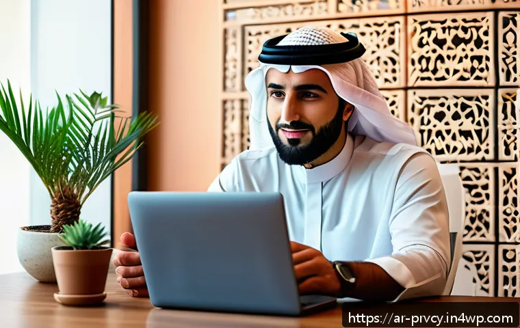 소셜 미디어에서 개인정보 보호하기 - A modern Arabic man in his 30s sitting at a sleek desk in a warmly lit home office, focused on his l...