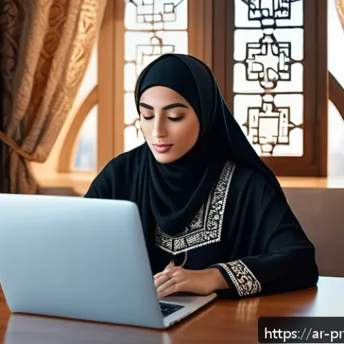 Home 31 온라인 트래킹 방지하는 브라우저 설정 방법 - A detailed digital illustration of a Middle Eastern woman sitting comfortably at a modern desk using...