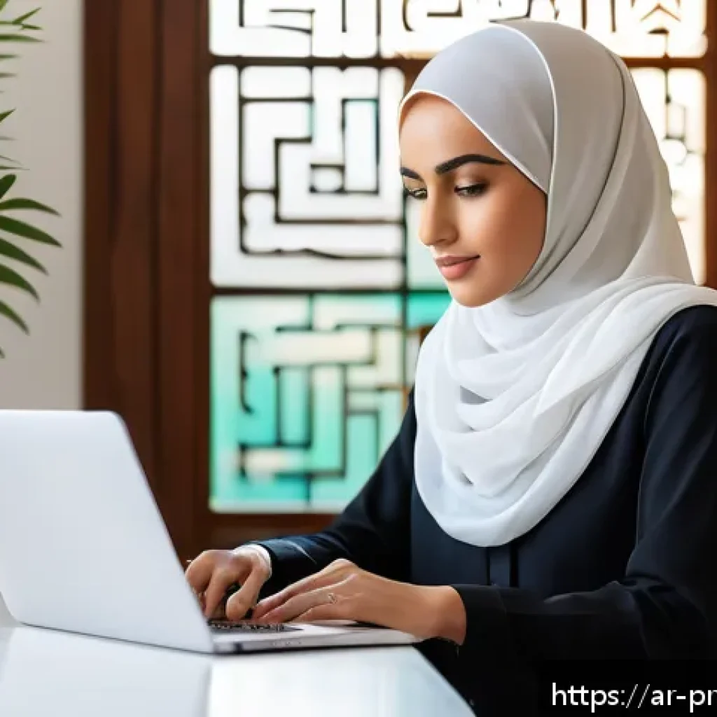 프라이버시 보호를 위한 툴킷 제공 - A modern Middle Eastern woman sitting comfortably at a sleek desk in a bright, minimalist home offic...