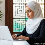 Home 18 프라이버시 보호를 위한 툴킷 제공 - A modern Middle Eastern woman sitting comfortably at a sleek desk in a bright, minimalist home offic...