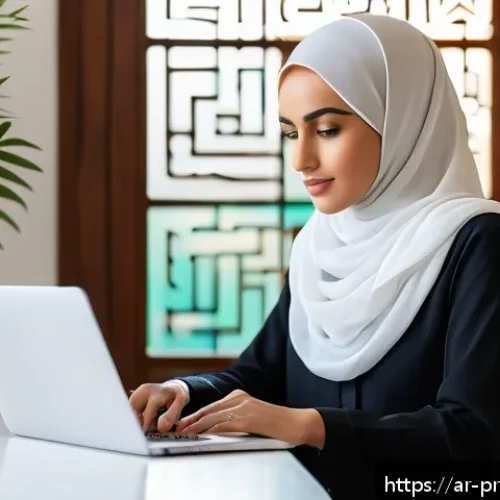 Home 30 프라이버시 보호를 위한 툴킷 제공 - A modern Middle Eastern woman sitting comfortably at a sleek desk in a bright, minimalist home offic...