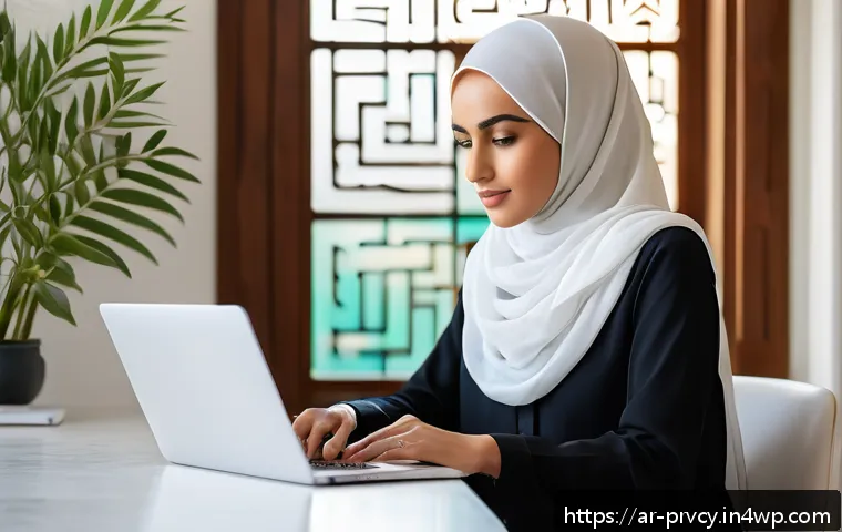 프라이버시 보호를 위한 툴킷 제공 - A modern Middle Eastern woman sitting comfortably at a sleek desk in a bright, minimalist home offic...