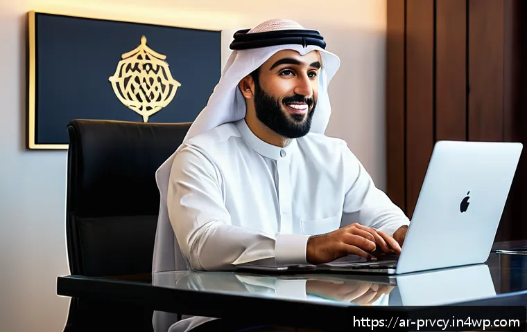 정보 유출 시나리오와 대응 전략 - A modern, professional Arabic man in his 30s sitting at a sleek desk in a well-lit home office, focu...